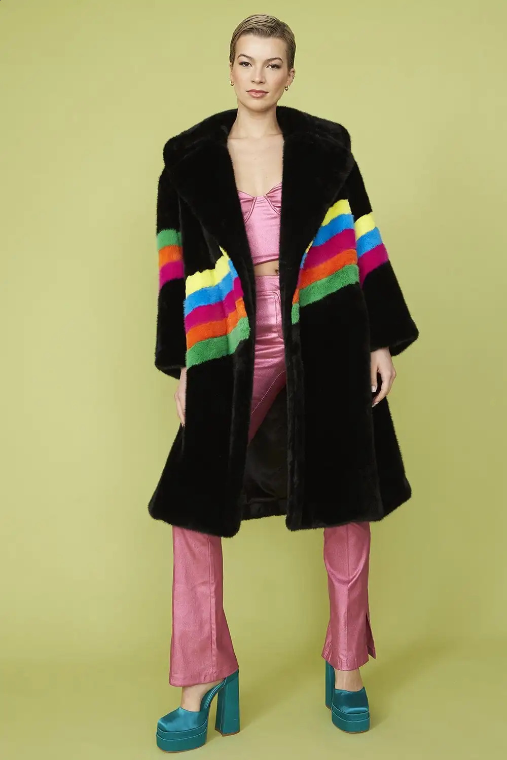 Black Faux Fur Coat 2025 Woman in Coats Autumn Winter Plush Fluffy Jacket Warm Rainbow Stripes Decoration Outerwears 260917