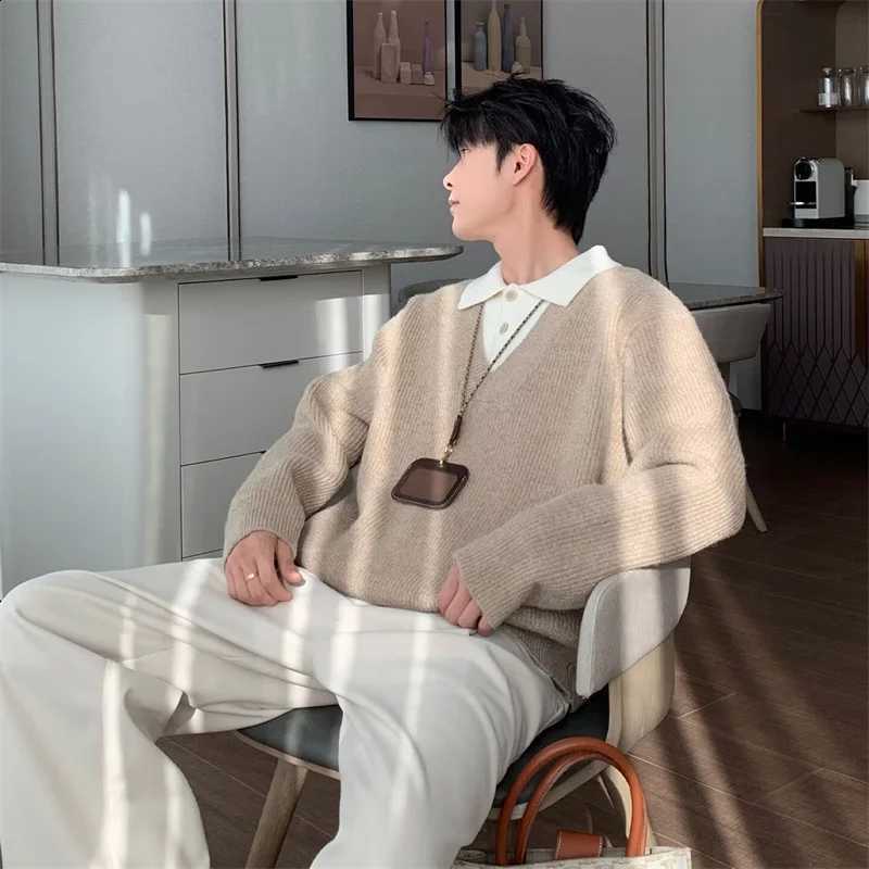 Lapel 2026 Winter Fake Two-piece Knitted Sweater For Men Y2K Vintage Streetwear V-Neck Pullovers Casual Long Sleeve Knitwear J260916