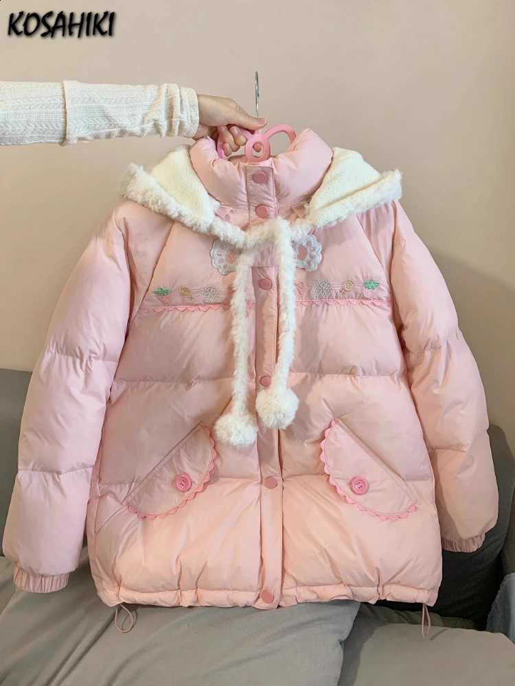 Preppy Style Winter Embroidery Warm Women Parka Harajuku Zippers Casual Rabbit's Ears Hooded Tops Y2k Aesthetic Pocket Pink Coat H260917