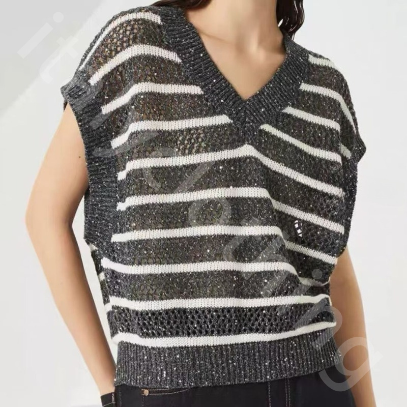 Quiet Luxury Women Tanks Summer Knitted Striped Linen V-neck Short-sleeved Sequined Hollow Tops B1289