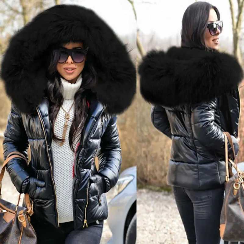 2025 Winter New Women's Short Puffer Jacket with Faux Fur Hood Slim Fit Casual Solid Color Outerwear H260917