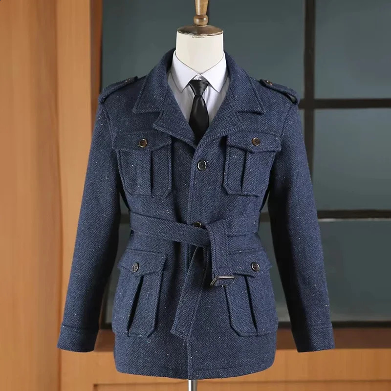 Only Jacket 1 PCS Hunting Mens Multipocket British Retro Sport Coat Belt Herringbone Business Causal Lapel Suit Tuxedos 260916