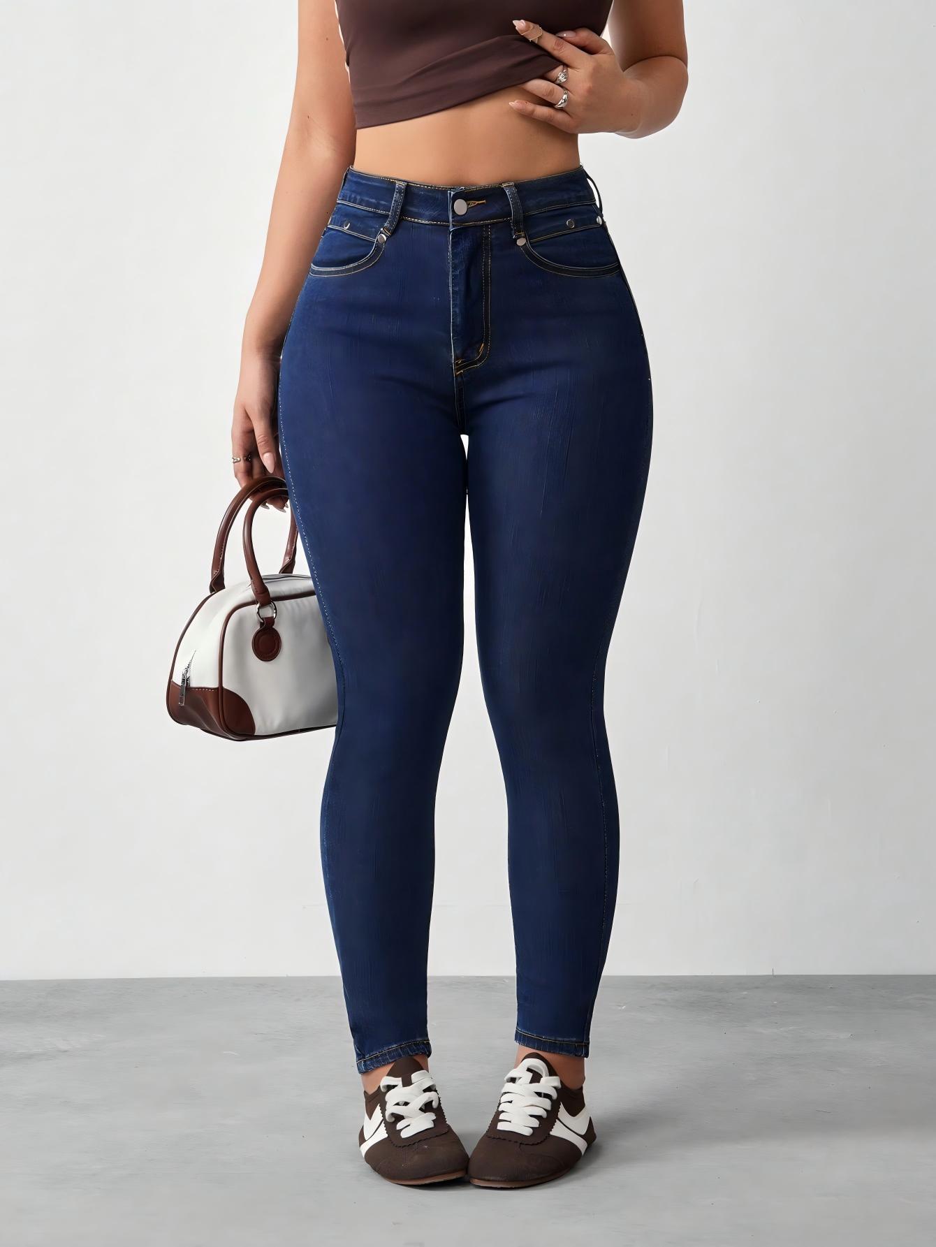 Cross-border women's dark blue high-waisted skinny jeans, high-stretch, slim-fit, hip-lifting, and slimming, ankle-length tight denim e8