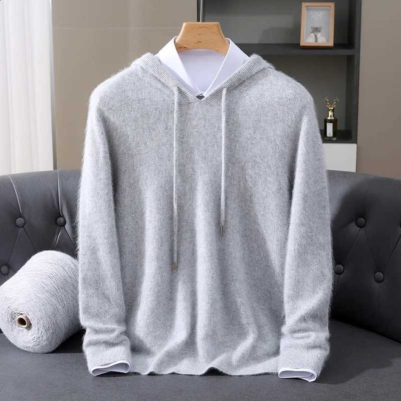 New Autumn And 100% Winter Pure Mink Wool Men Hooded Sweater Solid Color Knitted Sweater Loose Bottoming LeisureW260915