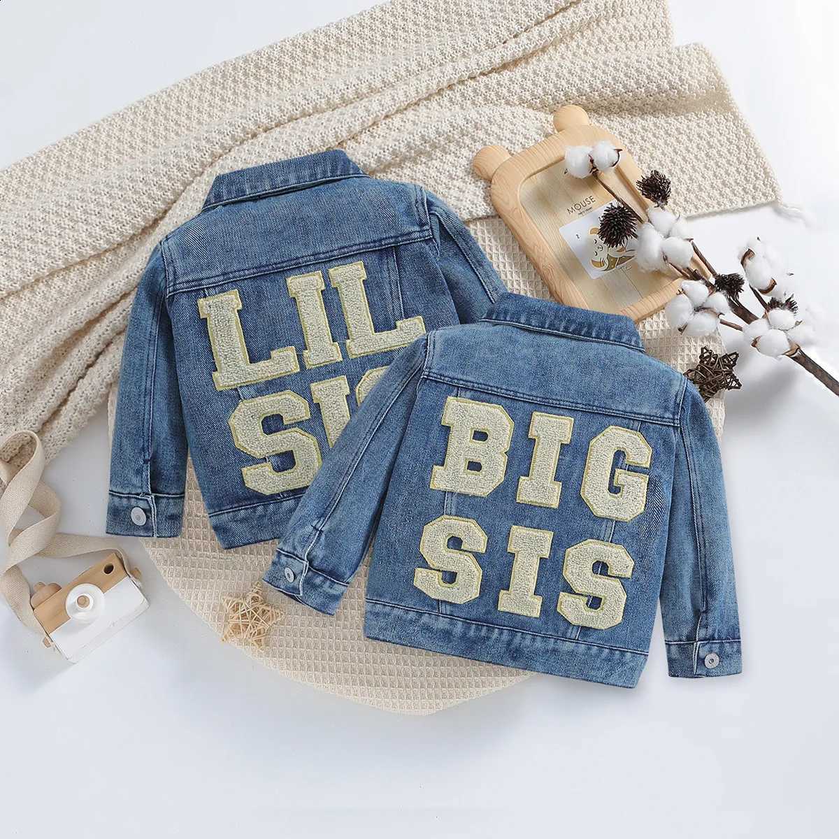 Sister 0-5Yrs Baby Jackets Long Sleeve Denim Coats Spring Autumn Toddler Kids Girls Embroidery Back Sister Matching OutfitsT260916