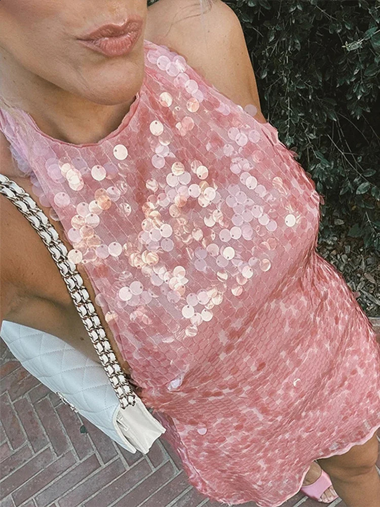 Halter Sequin Mini Dresses Sexy Sleeveless Backless Women Party Gown Fashion Solid Color Shiny Hanging Neck Beach Short Dresses 260917
