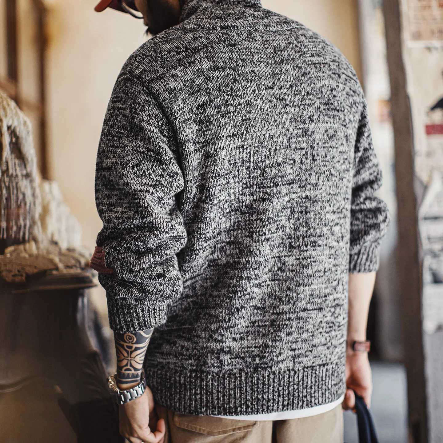 Shawl Vintage Maden Collar Men's Sweater Grey Quiet Knit Pullover Warm Base Layer for Autumn and Winter 100% Cotton TopsW260915