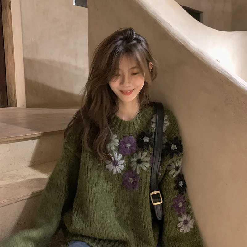 Para Mujer Boho Ropa Floral Print Knit Sweater Women Green Oversized Chunky Pullover Jumper Casual Fall Winter Knitwear J260916