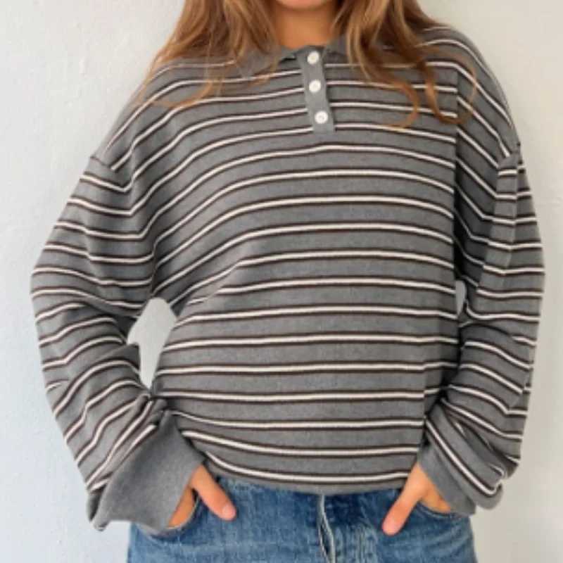 Oversized Striped Sweater for Women Collared Long Slve Preppy Sweater Vintage Aesthetic Knitted Rugby Shirts S2609179RX0