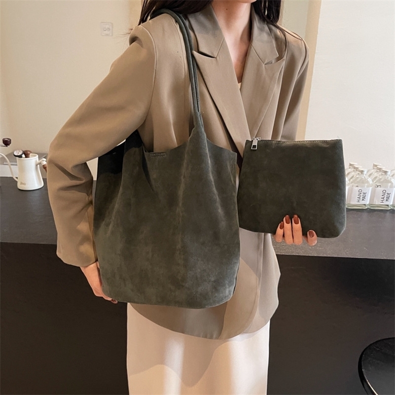 Retro Women's Suede Shoulder Bag Solid Colors High Capacity Casual Tote Zippered Versatile Sewing Thread for Crafting260911ww