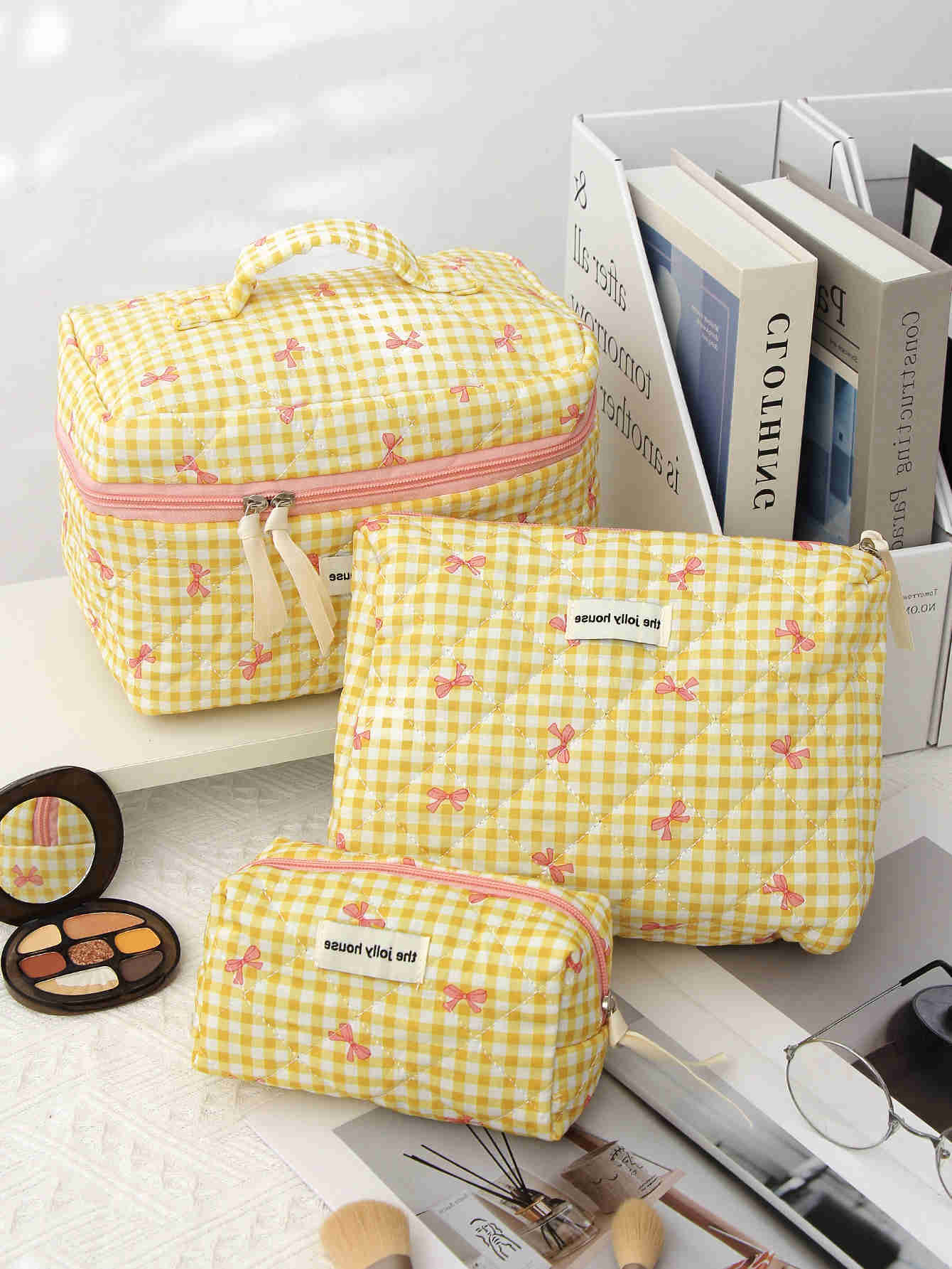 Yellow Plaid 1pc/set Bow Quilted Makeup Bag Large Capacity Travel Toiletry Bag Travel Storage Makeup BagT260917
