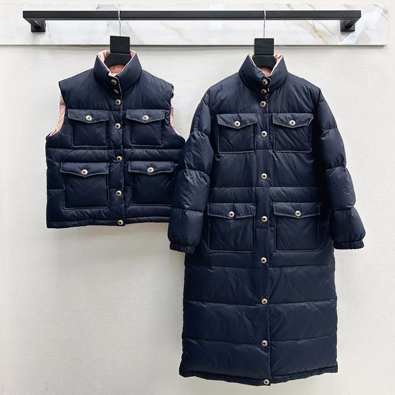 Women Navy Blue Puffer Coat 2 Piece Set Stand Collar Multi Pocket Quilted Jacket Vest Contrast Pink Lining Winter Warm Outerwear