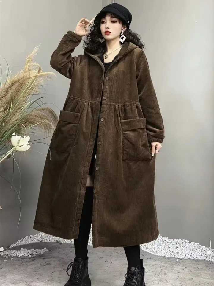 Winter and 2026 Thick Autumn Coat Fashion Large Brown Windbreaker Big Pocket Women's Loose Versatile Corduroy Hooded Coat 6XL D2609091