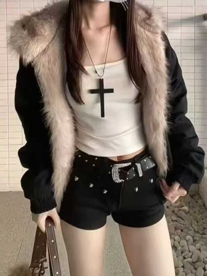 Elegant Liner Fur Collar Hood Loose Coat Women Y2k Thick Fashion Parkas Casual Tops Outerwear Padded Jackets Winter New Clothe H260917