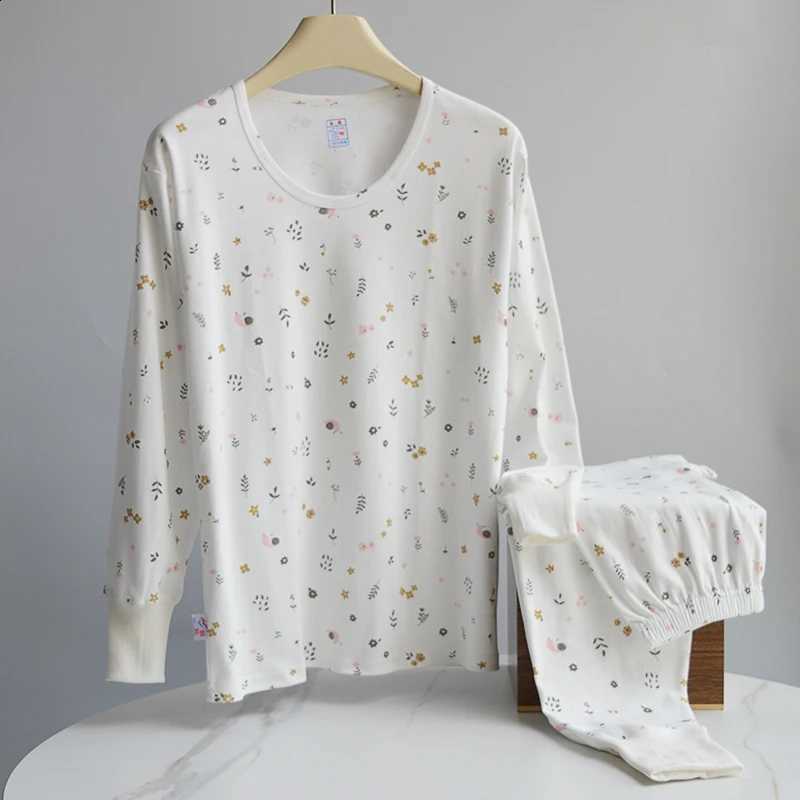 100% Cotton Warm Underwear Set Autumn Floral Round Neck Comfort Tops Elastic Waist Soft Long Johns Female Two Piece Suit H260916