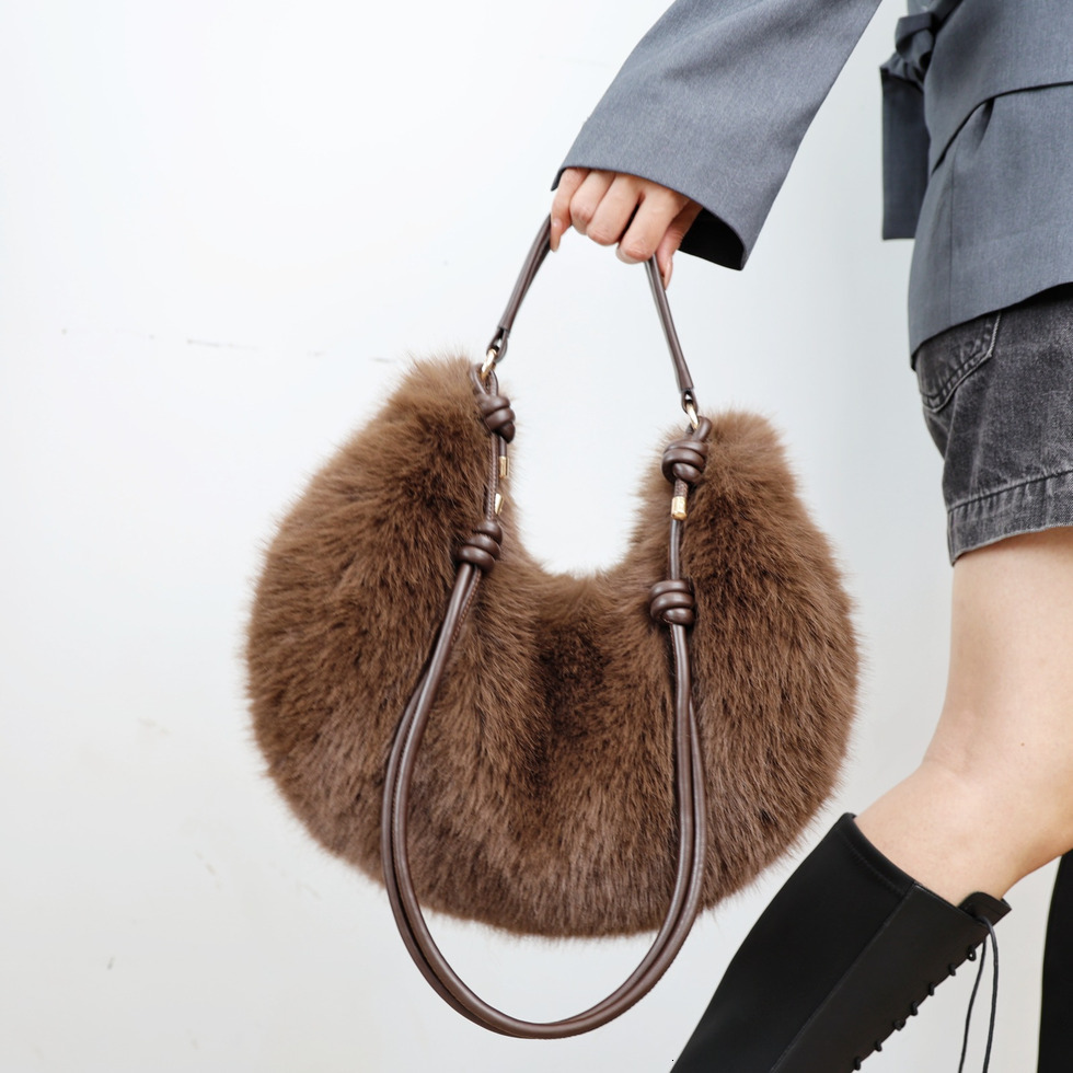 Plush Faux Fox Fur Round Bag Underarm Large Capacity Japanese Korean Style Autumn Winter Crossbody Bag Trendy Vintage Daily