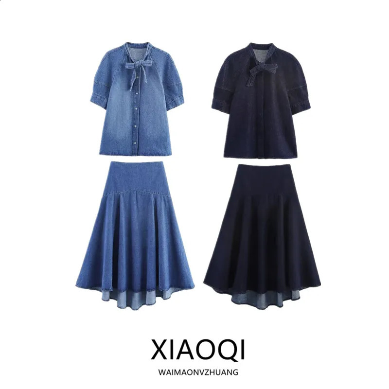 Autumn Women's Denim irt with Bow Tie Waist Skirt mid Waist f Body Faion Set European Sle Knot 260917