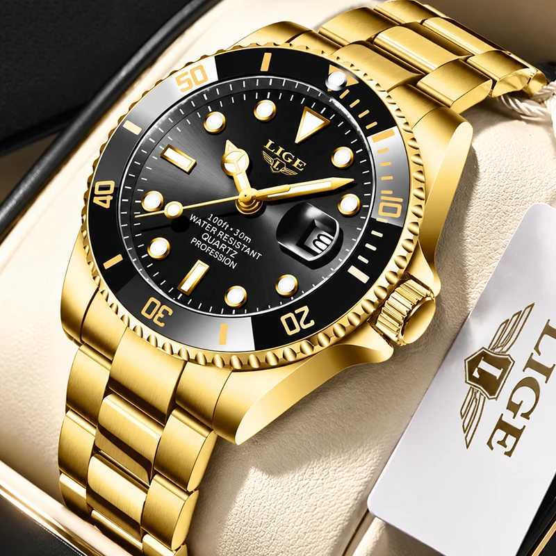 LIGE New Gold Quartz Wristwatch for Men Outdoor Sports Waterproof Men's Watches Fashion Business Diver Watch Men Relojes HombreT260916
