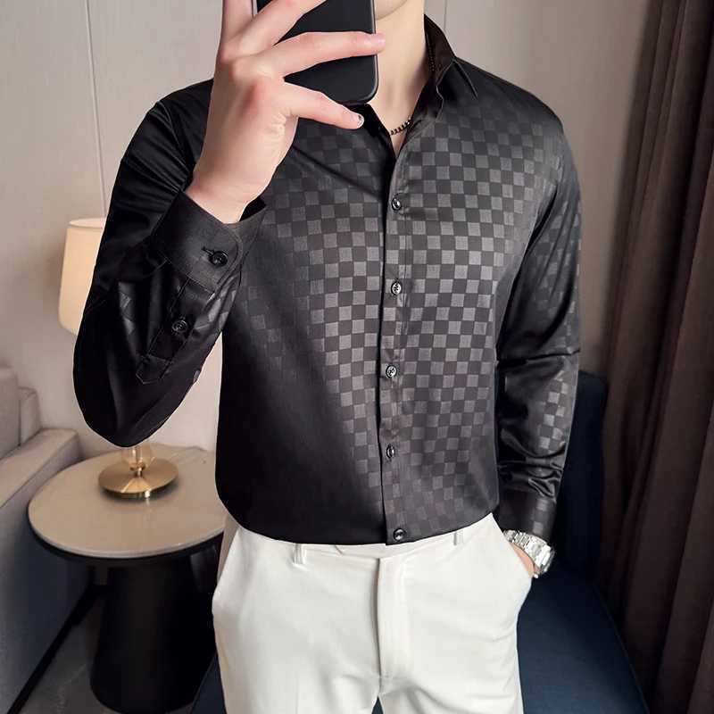 British Style Plaid Shirt 2025 Spring New Men's Long Sved Slim Fit Business Social Shirts Fashion Wedding Tuxedo 4XL-M Q260917