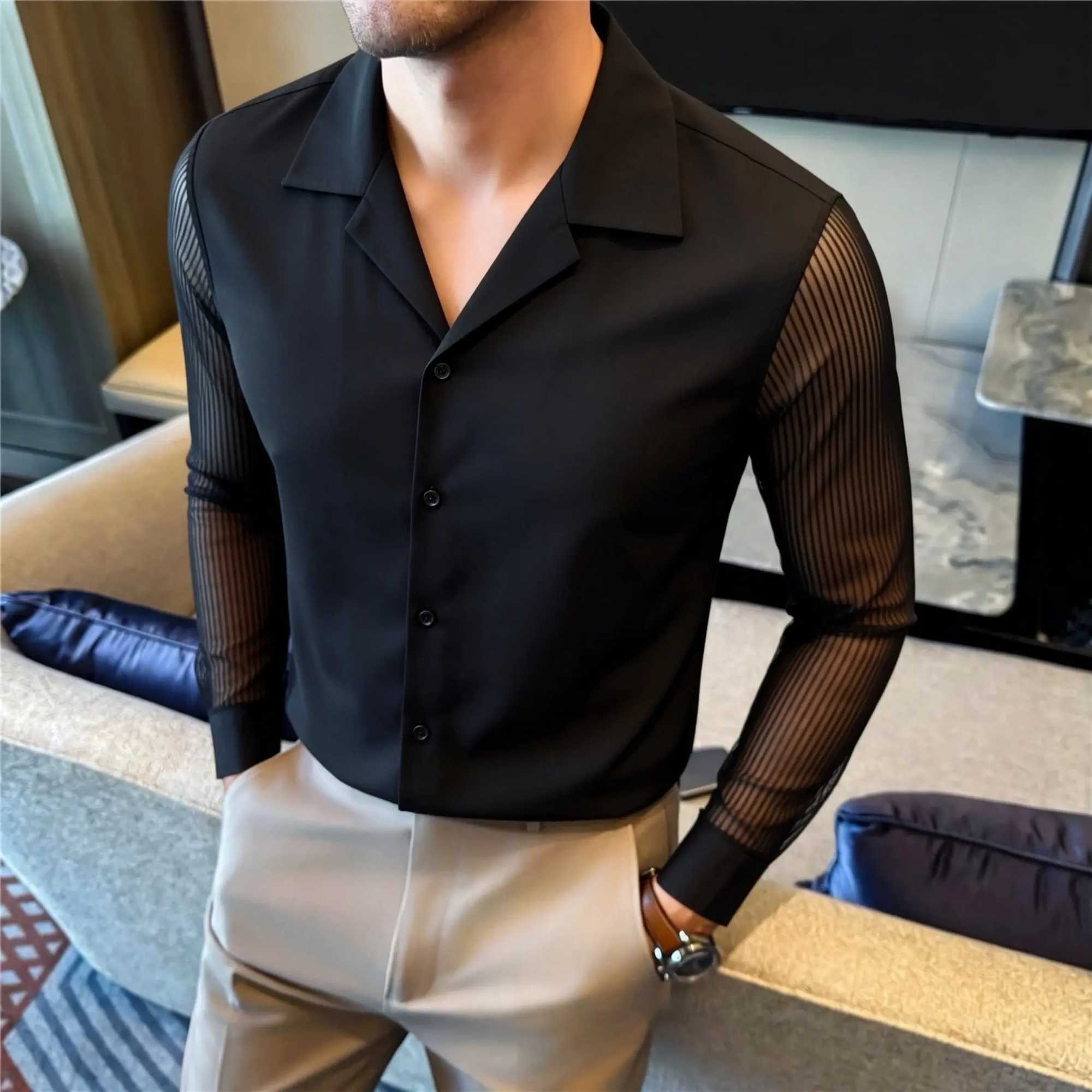 New Men's Lace Sve Splice Suit Collar Long Sved Shirt Fashion Hollow Sexy Slim Fit Casual Social Party Dress Shirts 4XL-M Q260917