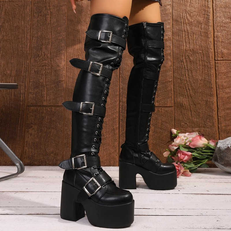2026 Punk Goth Women Motorcycle Boots Block High Heels Platform Shoes Woman New fa1 Design Cool Street Boots D260917