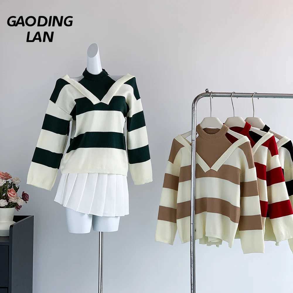 Temperament Halter Neck Fake Two Piece Long Slve Sweaters Women Large Size Loose Knitted Tops Autumn Winter Contrast Stripe S2609173EKW