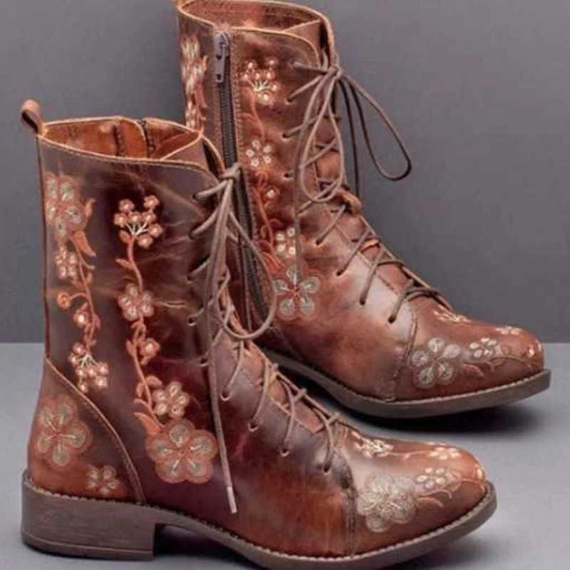 Big Woman Ankle Boots Embroidery Size 43 Flower Boots 2020 Women Autumn Winter Lace Up PU Leather Female Footwear Ladies Shoes D260917