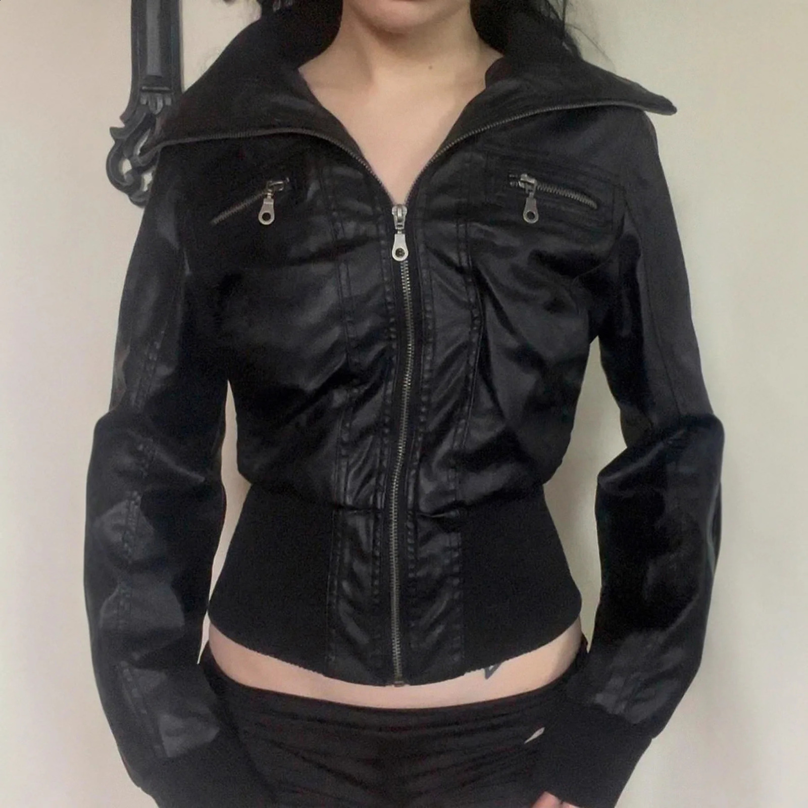 Women Faux Leather Jackets Solid Short Coat Zipper Pocket Turn Down Collar Long Sleeve Waist Cinched Slim Streetwear 2025 Autumn 260916