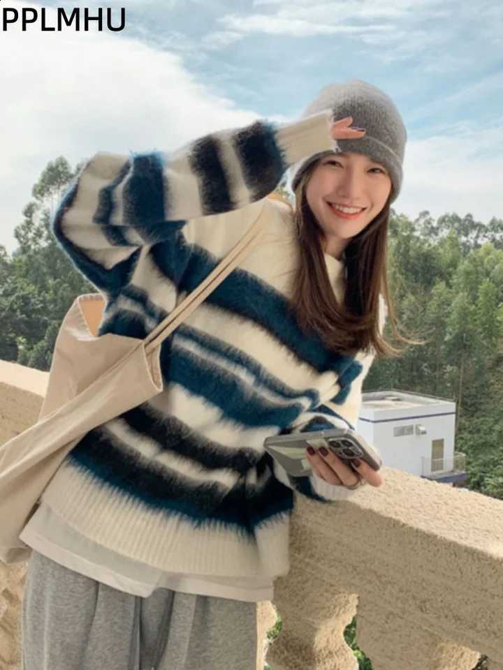 O-Neck Baggy Knitted Striped Sweater Women's Casual Loose Soft Sueter Jumpers Long Sleeved Fashion Warm Knitwear Pullover J260916