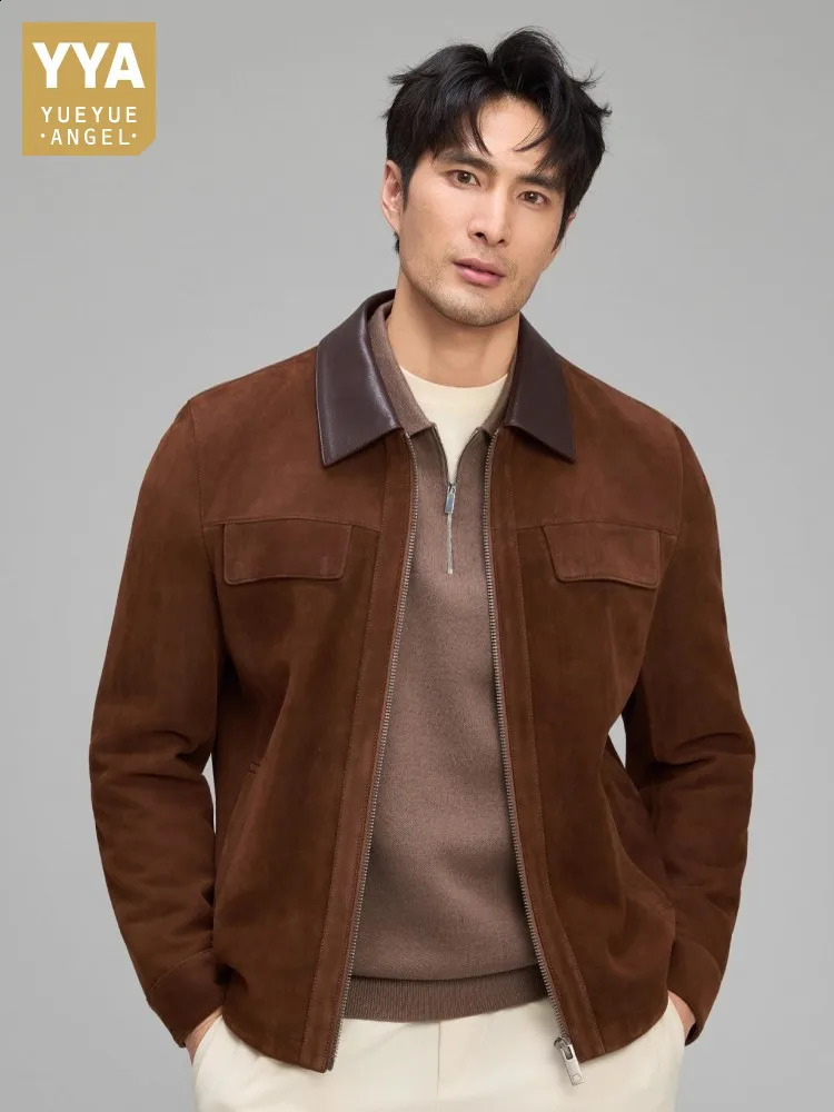 Top Quality Mens Autumn Suede Leather Jacket Business Man Office Work Slim Fit Natural Coat Warm Goose Down 260917