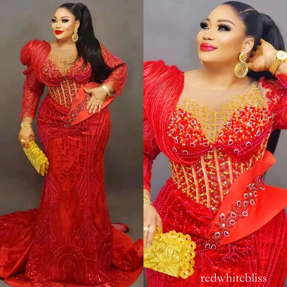 Aso Ebi Red Mermaid Prom Dress Beaded Crystals Sheer Neck Stylish Evening Gowns For Black Women Birthday Party Formal Reception Dresses Lux