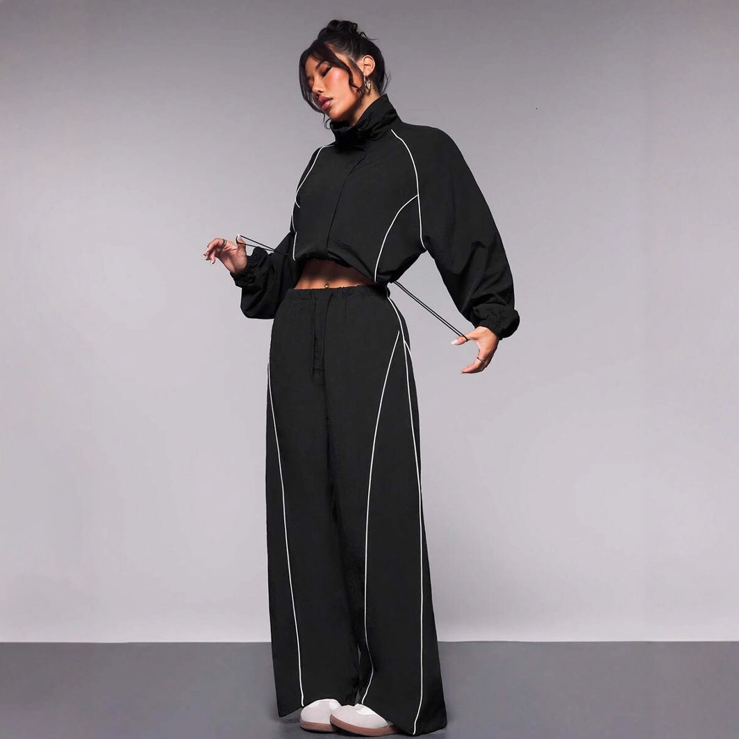 New Casual Women's Fashion Color-Block Drawstring Sports Jacket And Pants Two-Piece Set High-Quality