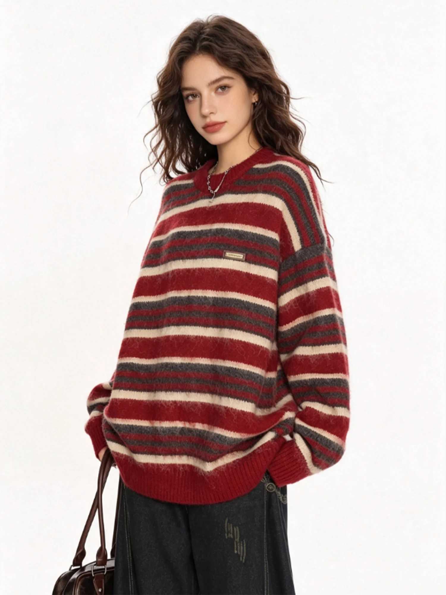 Women Christmas Red Striped Pullover Sweater Y2k Gyaru Vintage Oversize Long Slve Knitwear Sweater Preppy Style Knit Top 2026 S260917WB8W