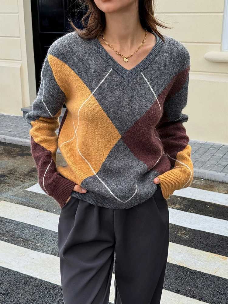 Casual Argyle Knitted Pullover Women Full Sleeve V-neck Color Block Oversized Sweater 2026 Lady Spring Autumn Daily Pullovers S260917SHJU