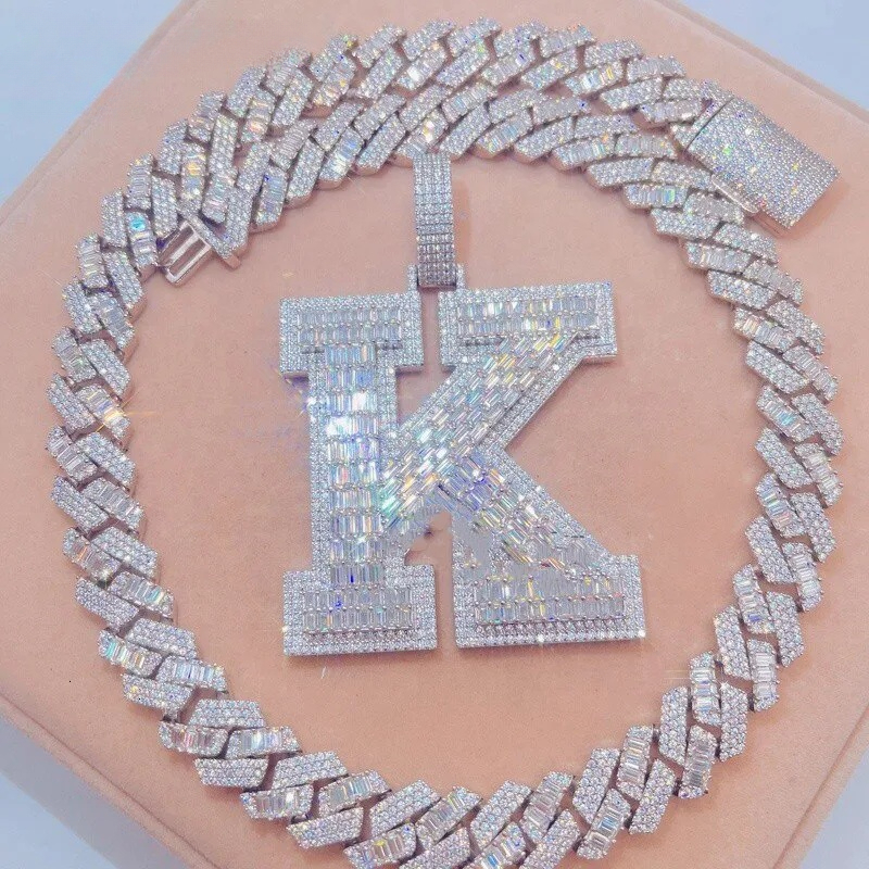 Custom 14k 18k Gold Letter K Moissanite Cuban Chain Name 2/3inches S925 Baguette Diamond Ice Out Initial Pendant Charm