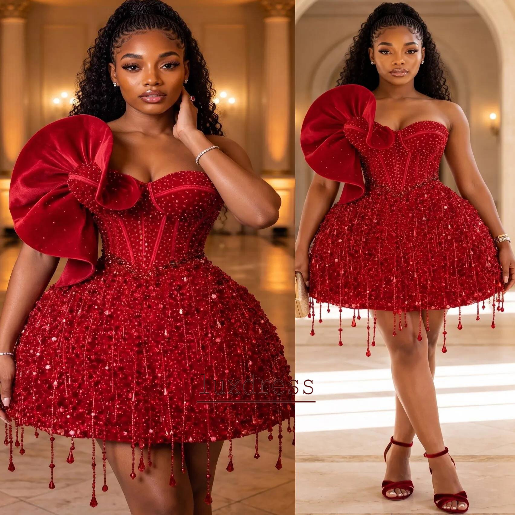 2026 Ball Gown Dark Red Cocktail Dress Beaded Crystals Tassels Sequined One Shoulder Short Mini Graduation Homecoming Dinner Party Holiday Beach Dre