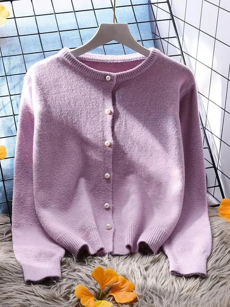 Women's Knitted Open Cardigan Sweater Loose Fit round Ne Color Versatile Simple ort Sle Autumn Winter Faion 260917