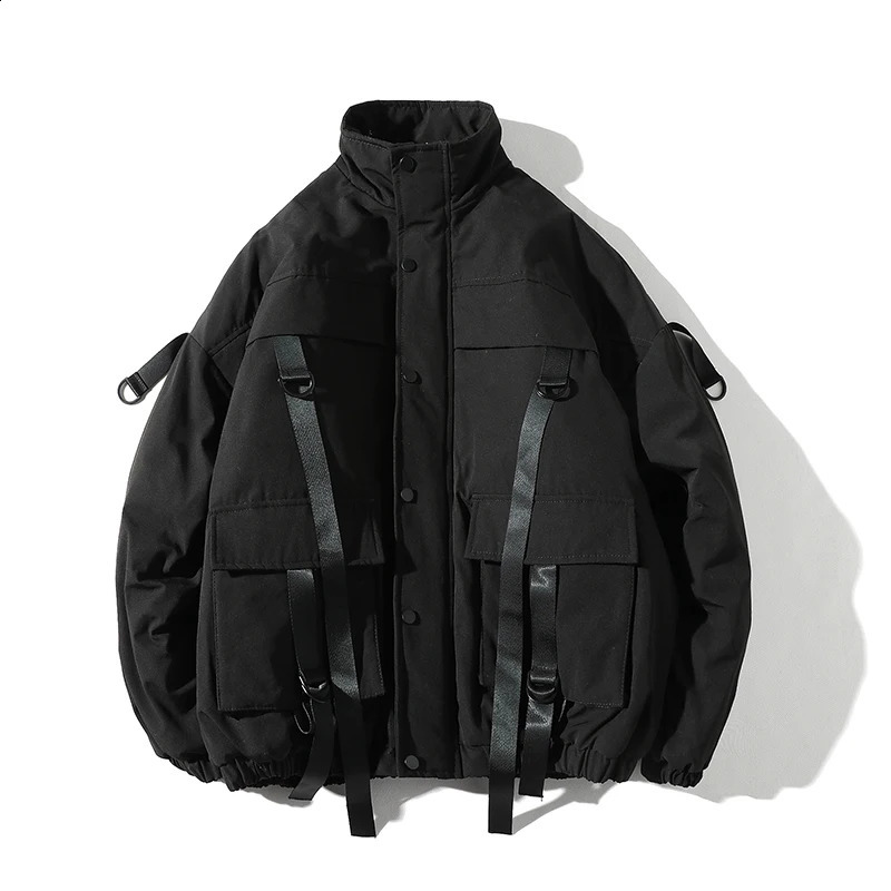 Ribbons Pockets Winter Jacket Men Thick Hip Hop Streetwear Parka Men Coats Casual Padded Mens Jackets Male Clothing US Size 260917