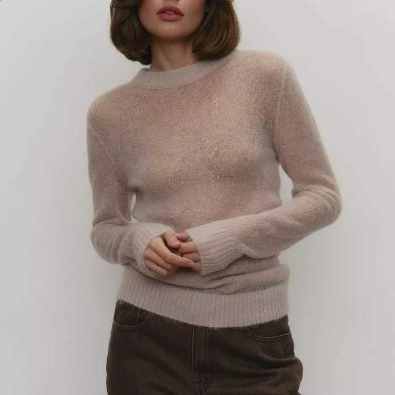 Long Sleeves O-Neck Women's Pullover Sweater Lady Loose See Trendy Knit Sweater Through Top Solid Casual Tops Women Clothing J260916