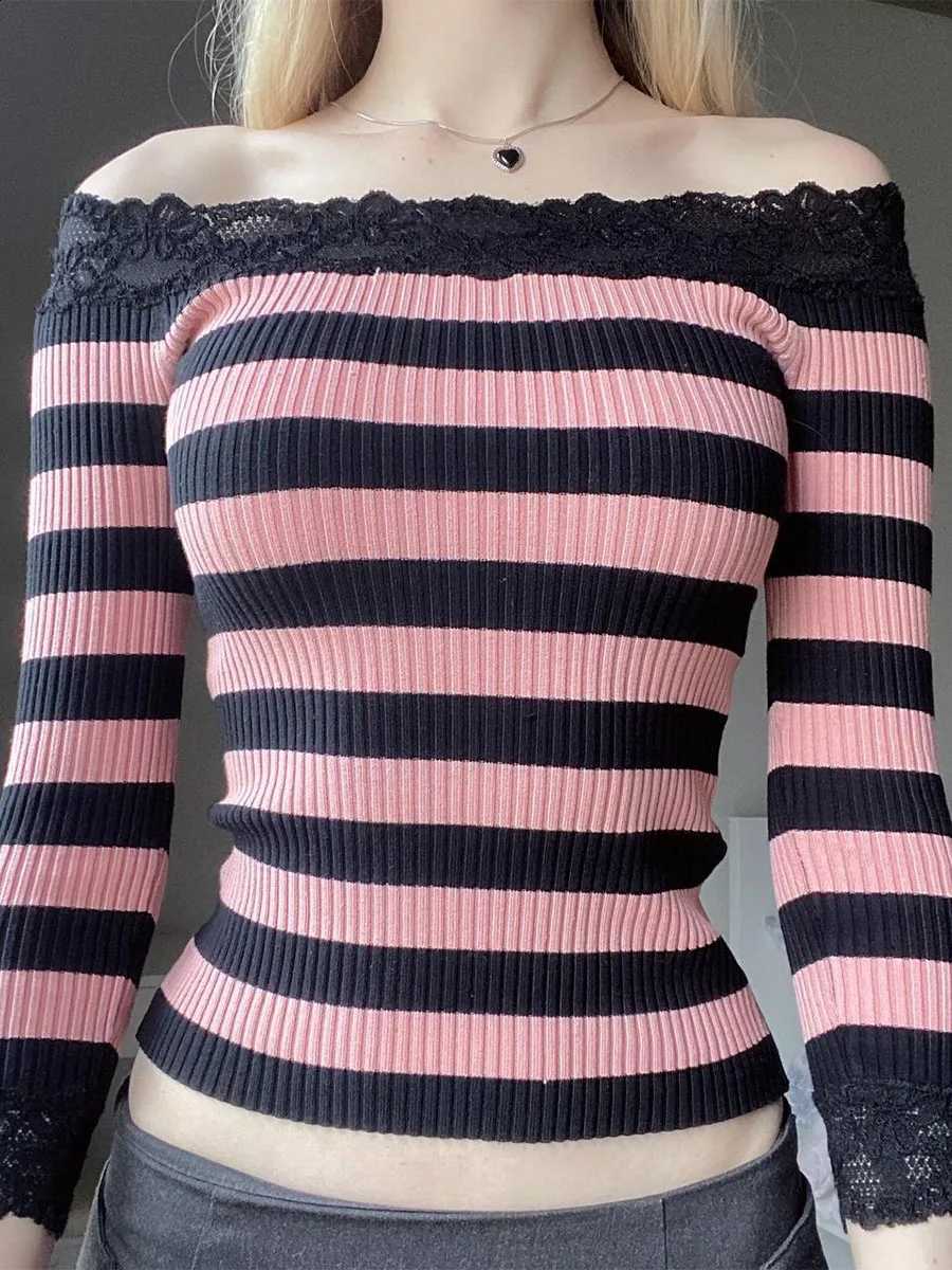 Knit Women Long Sleeve Tops Off-Shoulder Striped Casual Pullovers Sweater Fall Shirts Y2K Aesthetic Clothes Streetwear J260916