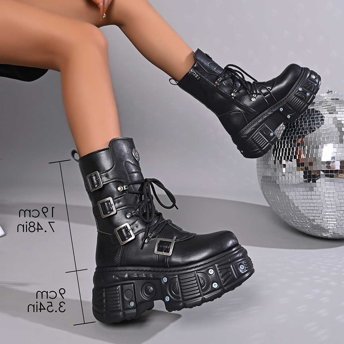 Tube Middle Metal 2026 Platform New Dark Punk Increased Hight Booties Lace-up Female Zipper Motorcycle Boots Women Shoes D260917