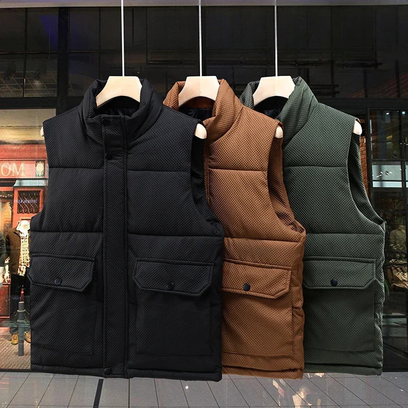 2025 Men's Autumn Winter Stand Collar Down Cotton Vest Male Solid Color Warm Waistcoat Men Loose Sleeveless Coats A214 260916