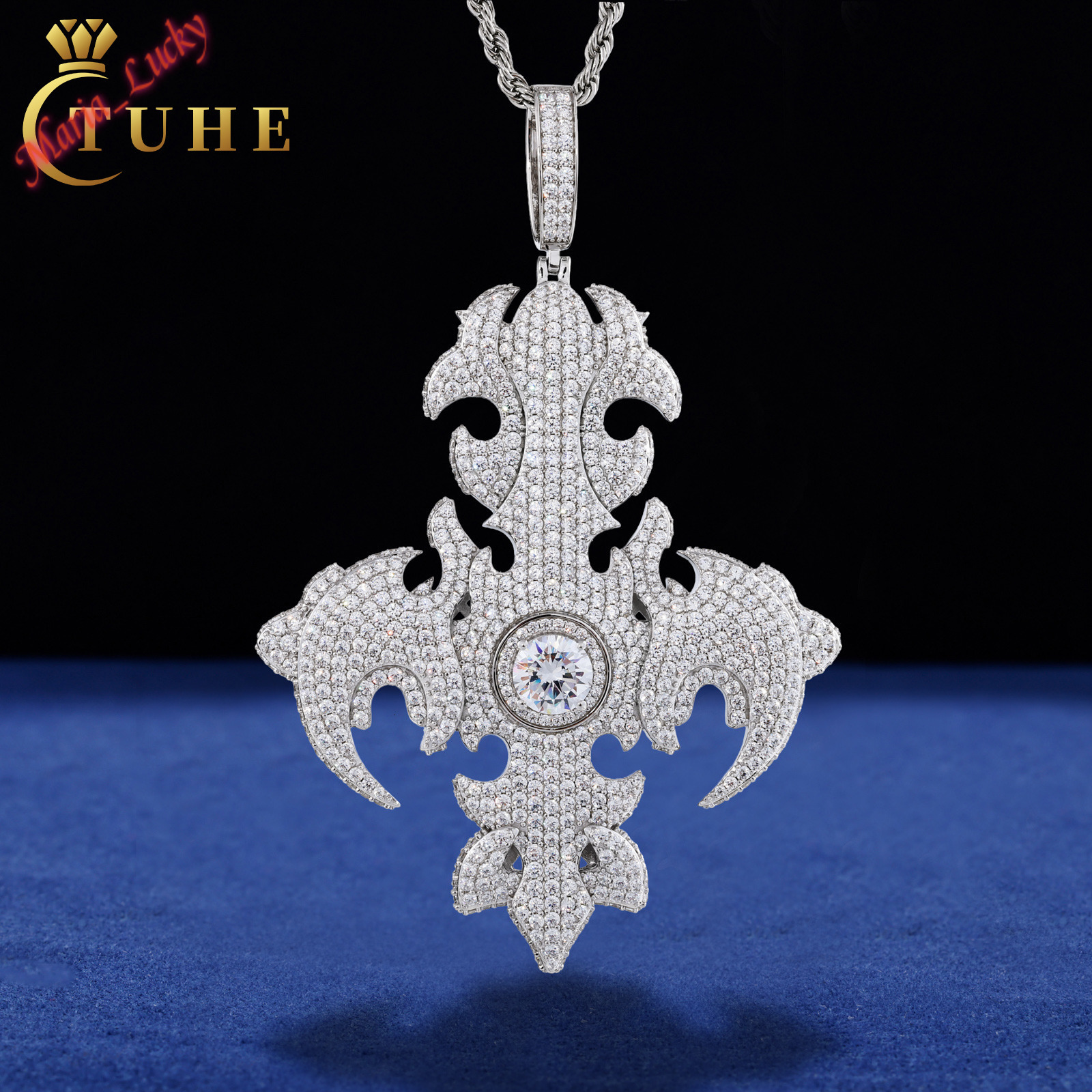 Handcrafted 925 Sterling Silver VVS Moissanite Flame Cross Pendant Gothic Punk Iced Out Statement Charm Gold Plated Trendy Men Hip Hop Jewelry Whole