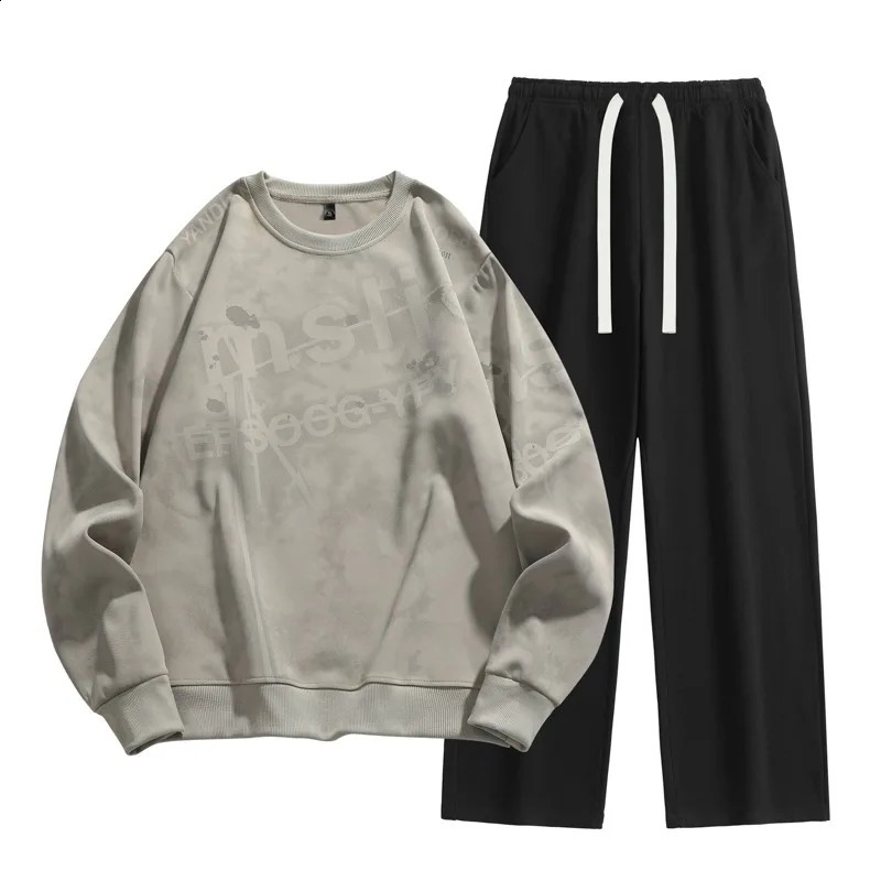 Men Japanese Minimalist Tie Dye All Over Print Crew Neck Sweatshirt Drawstring Wide Leg Pants Two Piece Set 260914