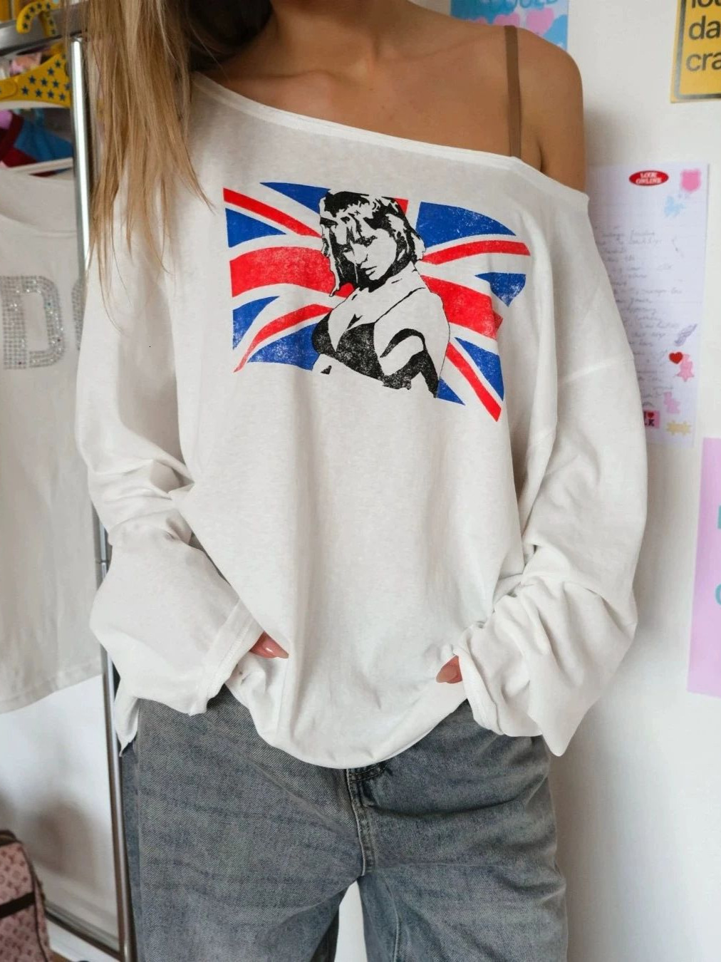 2026 European and cross-border American retro one-shoulder flag versatile casual loose top f6