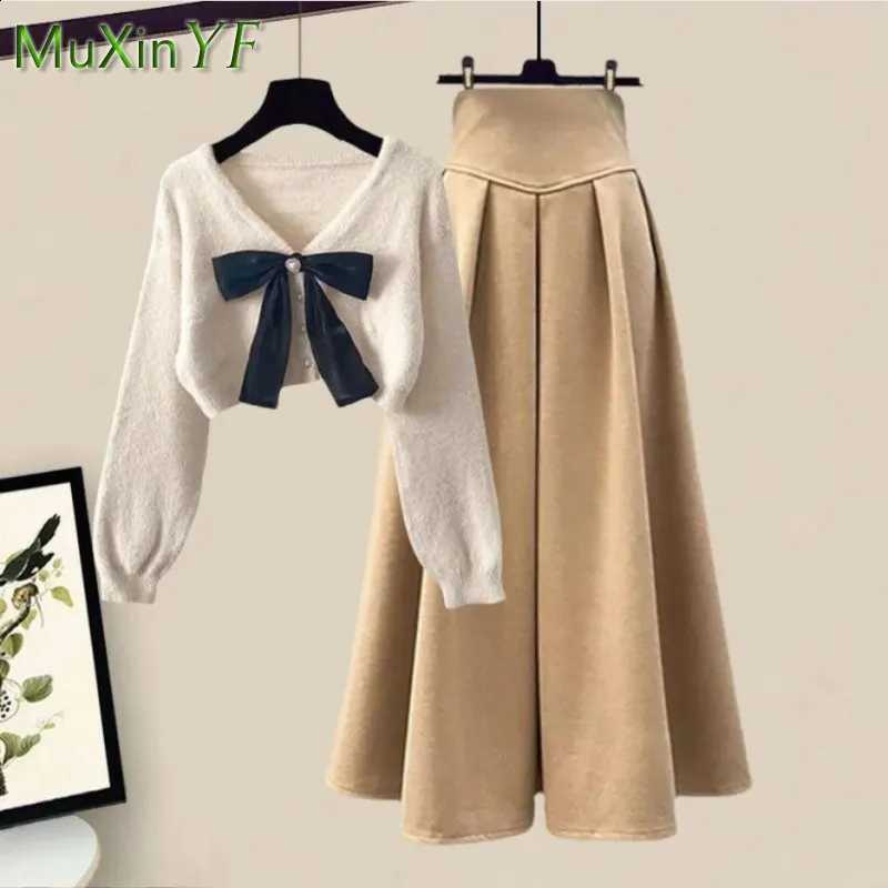 New 2026 Spring in Autumn Matching Sets Women's Fashion Slim Bow Sweater+High Waist Skirt Two-piece Set Korean Chic Dress SuitW260915