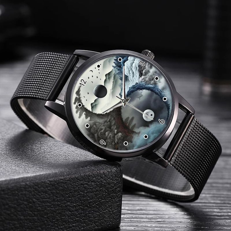 Men's Quartz Watch Chinese Style Tai Chi Yin Yang Dial Leather Strap Fashion Casual Unique Artistic Wristwatch Bagua Eight Trigrams