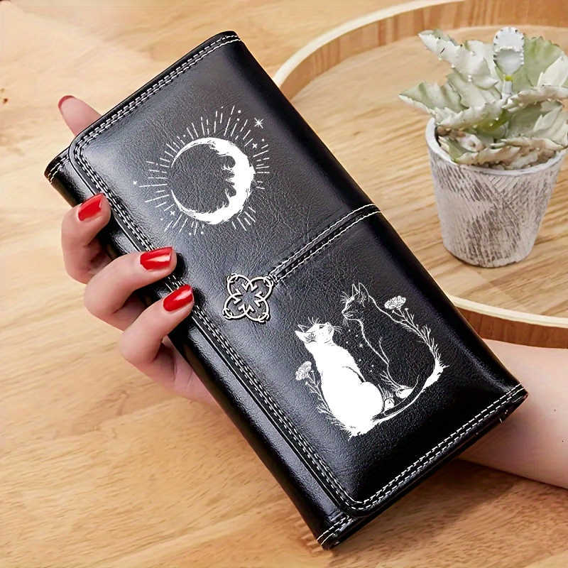 Black Gothic Moon White Cat Leather Wallet Long Purses for Cards Holder Wallets with Zip Coin Pocket Ladies HandbagsT260917