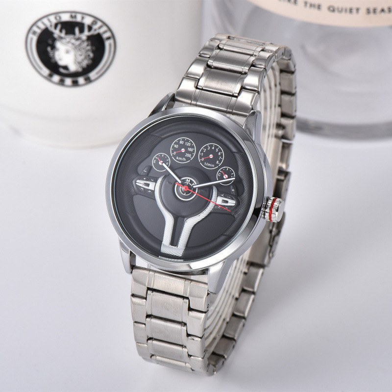 Men's Quartz Watch Car Steering Wheel Dial Creative Sport Fashion Stainless Steel Band Unique Dashboard Design Casual Wristwatch