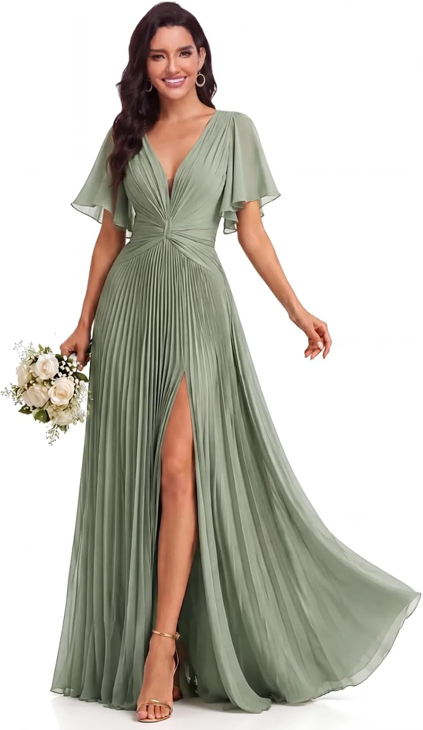 Womens Bridesmaid Dresses Deep V Neck Pleated Flutter Ruffle Sleeves Chiffon Slit Formal Dress